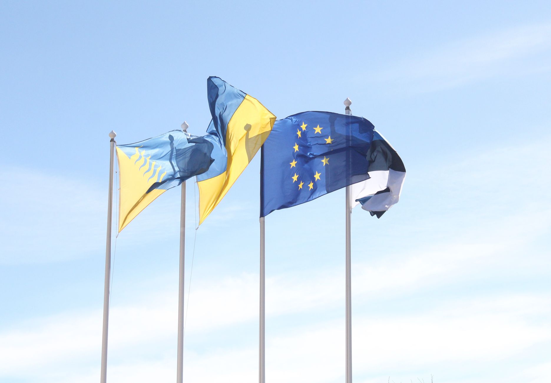 Les drapeaux de l'Union européenne et de l'Estonie flottent sous un ciel bleu dégagé, symbolisant l'unité et l'harmonie.