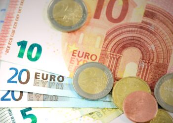 Plan détaillé de billets et pièces en euros mettant en valeur les dénominations de la monnaie.